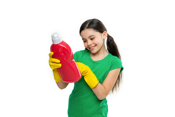 photo of positive girl with laundry detergent. girl with laundry detergent isolated on white.