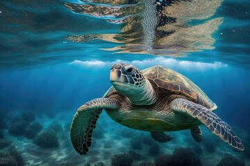 Fototapeta premium Cruising in Hawaii's warm Pacific Ocean waters with a Hawaiian Green Sea Turtle. Generative AI