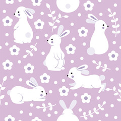 Pattern with cute rabbits on a lilac background