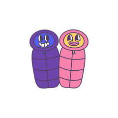 cartoon mascot a sleeping bag with a smiling face and a pink and purple sleeping bag.