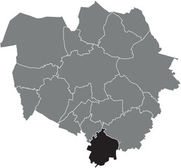 Black flat blank highlighted location map of the  HARVENG DISTRICT inside gray administrative map of MONS, Belgium