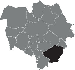 Black flat blank highlighted location map of the  HARMIGNIES DISTRICT inside gray administrative map of MONS, Belgium