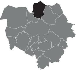 Black flat blank highlighted location map of the  MAISIÈRES DISTRICT inside gray administrative map of MONS, Belgium