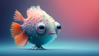 Cute strange little fish colorful tail and big eyes. Generative AI.