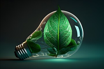 Green plant in the bulb, concept of saving energy, AI generated