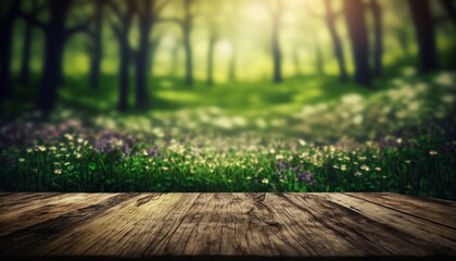 Fototapeta na wymiar Wooden table and spring forest background, generative ai