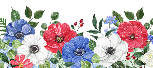 Botanical border. Watercolor red, blue and white flowers frame. Holiday card design. Hand-painted graphic. PNG clipart.