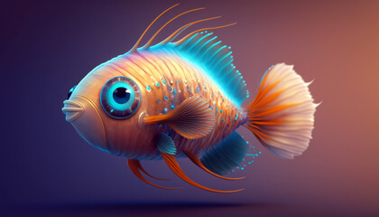 Cute strange little fish colorful tail and big eyes. Generative AI.