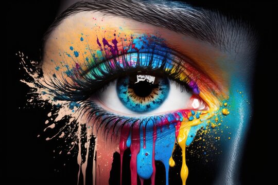female eye with colorful makeup cropped. Gorgeous chic model wearing artistic makeup. colorful splash makeup that is abstract. Holi celebration. Generative AI