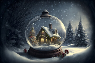 Christmas house in snow ball, AI generated