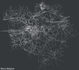 Detailed hand-drawn navigational urban street roads map of the Belgian city of MONS, BELGIUM with solid road lines and name tag on vintage background