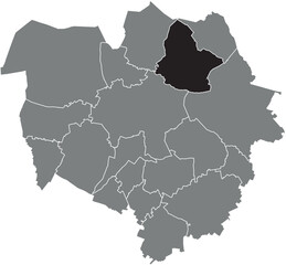 Black flat blank highlighted location map of the  OBOURG DISTRICT inside gray administrative map of MONS, Belgium