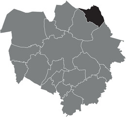Black flat blank highlighted location map of the  SAINT-DENIS DISTRICT inside gray administrative map of MONS, Belgium