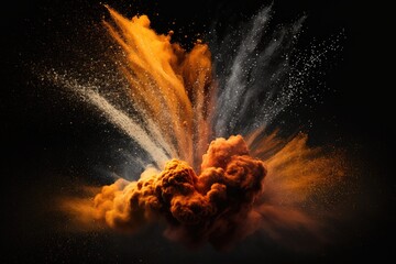 Fototapeta premium eruption of orange powder against a dark background. cloud with color. Bright dust explodes. Color Holi. Generative AI