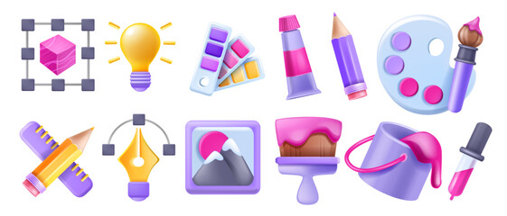 3D design art icon set, customise graphic creative badge kit, vector paint bucket brush, idea bulb. Designer digital tools project sign collection, pencil, pipette, website create process. Design icon - obrazy, fototapety, plakaty
