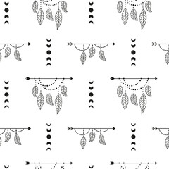 Seamless pattern with arrows, moon phases and feathers.