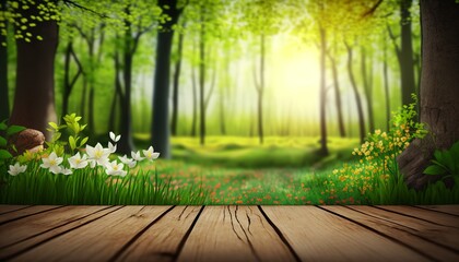 Wooden table and spring forest background, generative ai