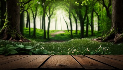 Plakat Wooden table and spring forest background, generative ai