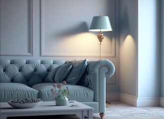 Classic blue living room close up with sofa, Generative AI