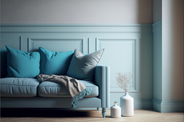 Classic blue living room close up with sofa, Generative AI