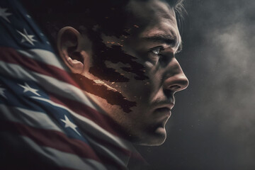 AI generated american hero patriot man at dark USA flag background blowing wind