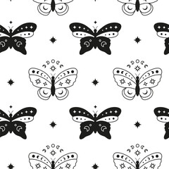 Seamless pattern with crescent moon, black and outline butterflies, stars.