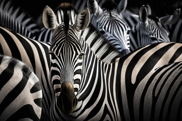 Fototapeta na wymiar a close up of a zebra in his herd that is surrounded by black and white stripes. Generative AI