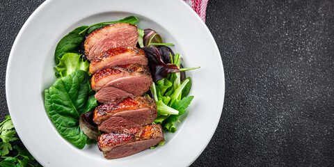 duck breast roasted second course fresh poultry meat meal food snack on the table copy space food background rustic top view