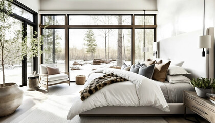 Luxurious Modern Bedroom with French Windows, Minimalist Decor and Serene Ambiance, Generative AI.