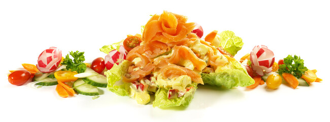 Low Carb Egg Salad with Salmon Rose and Vegetables. Panorama isolated on white Background.
