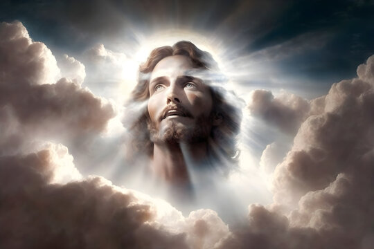God face portrait in the clouds, Jesus Christ religious background, AI generated