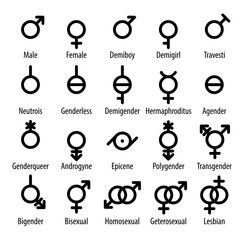 Gender symbols and Sexual orientation Icons Set on white background for any used.Male, female, transgender, gay, lesbian, bisexual, bigender, travesti, genderqueer, androgyne, asexual lgbt.