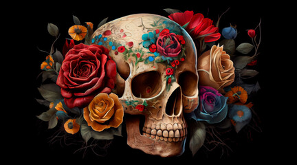 Painted colorful Cinco de Mayo skulls in a vibrant Mexican style with a bouquet of traditional flowers. Generative AI technology.	