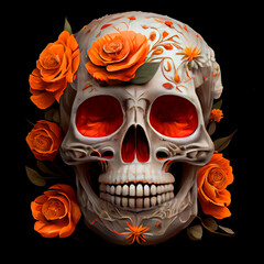 Painted colorful Cinco de Mayo skulls in a vibrant Mexican style with a bouquet of traditional flowers. Generative AI technology.	