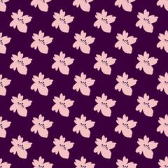 Vector seamless pattern of light pink flower with small petals on dark violet background
