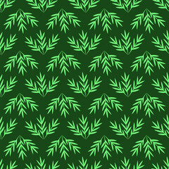 Seamless vector pattern of vibrant green leaves on dark green background