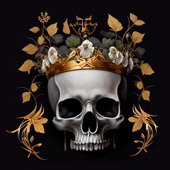 Black skull in a golden crown with flowers, botanical elements. Generative AI technology.