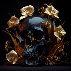 Black skull with golden flowers, botanical elements. Generative AI technology.