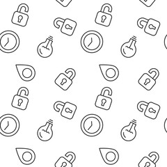 Monochrome vector seamless pattern of lock, light bulb, geolocation sign for web sites and polygraphy