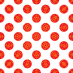 Geometrical seamless pattern of red circles with yellow lines insides. Perfect for fabric, textile, postcards, wallpapers