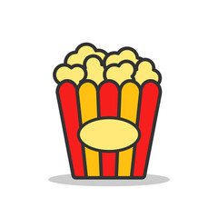 Popcorn icon on light background. Snack symbol. Cinema entertainment, movie, paper bucket. Flat and colored style. Flat design. Vector illustration.