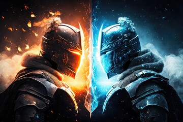 fantasy conflict between the good and evil knights in medieval times. Battlefield is aflame as deadly ice and light clash. illustration. Generative AI