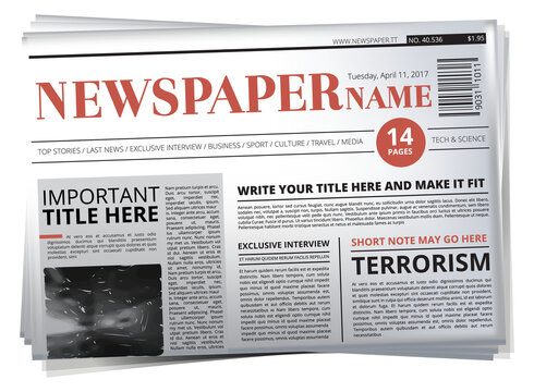 Tabloid headline template. Folded newspaper article and photo