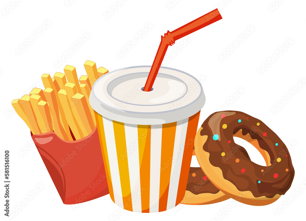 Poster Fast food icon. Cartoon french fries and donuts with cold drink