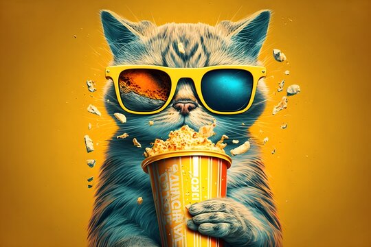 Cat in 3d glasses with popcorn, concept of cinema background, AI generated