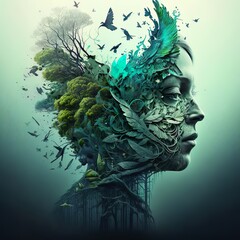Unlocking the Power of Positive Thinking: A Creative Mindset for Self-Care and Mental Health - Symbolized by a Human Brain Tree with Flowers and Butterflies