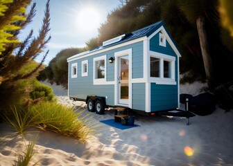 Blue modern tiny house on wheel standing on the beach. Seaside. Generative AI - obrazy, fototapety, plakaty