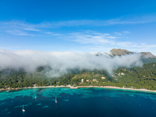 Aerial view of Formentor Peninsula with Formentor Beach, Hotel Royal Hideaway Formentor, Hotel Formentor, Cala Pi de la Posada, Illa del Geret Port de Pollenca, Mallorca,  Spain
