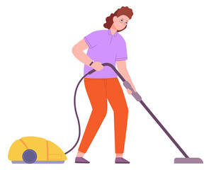 Woman with vacuum cleaner. Household work. Cleaning house