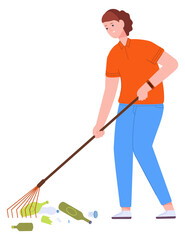 Volunteer clening garbage. Woman collect litter from ground